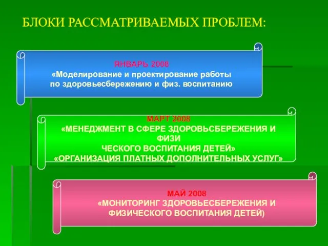 БЛОКИ РАССМАТРИВАЕМЫХ ПРОБЛЕМ: ЯНВАРЬ 2008 «Моделирование и проектирование работы по здоровьесбережению и