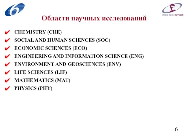 Области научных исследований CHEMISTRY (CHE) SOCIAL AND HUMAN SCIENCES (SOC) ECONOMIC SCIENCES