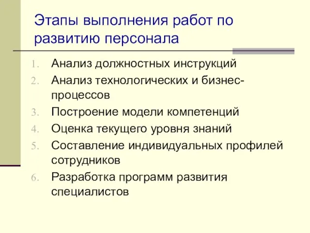 Этапы выполнения работ по развитию персонала Анализ должностных инструкций Анализ технологических и