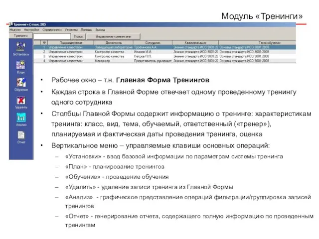 Модуль «Тренинги» Рабочее окно – т.н. Главная Форма Тренингов Каждая строка в