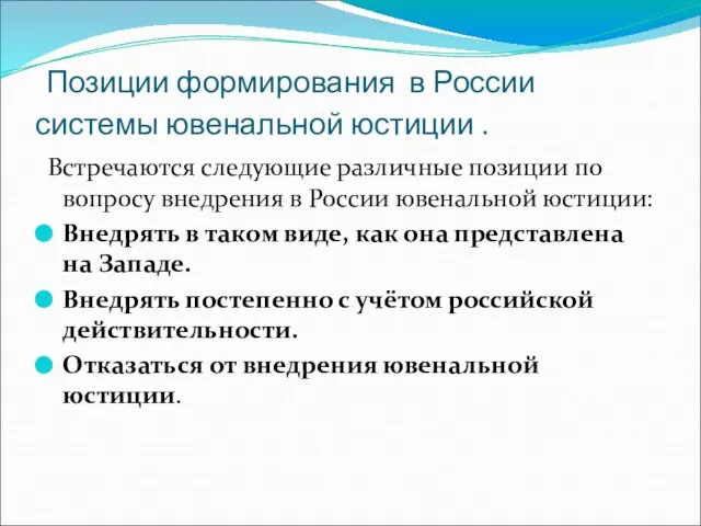 Позиции формирования в России системы ювенальной юстиции . Встречаются следующие различные позиции