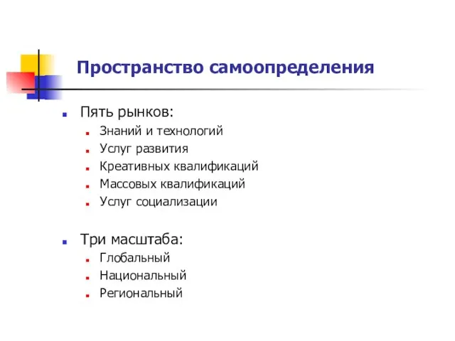 Пространство самоопределения Пять рынков: Знаний и технологий Услуг развития Креативных квалификаций Массовых