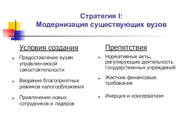 Стратегия I: Модернизация существующих вузов Условия создания Предоставление вузам управленческой самостоятельности Введение