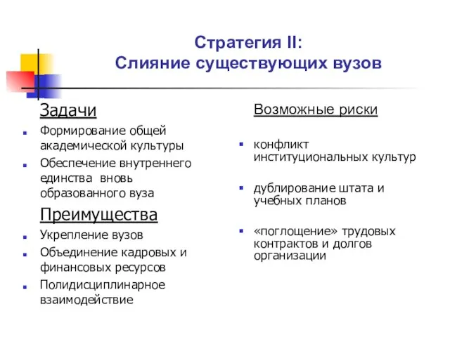 Стратегия II: Слияние существующих вузов Задачи Формирование общей академической культуры Обеспечение внутреннего