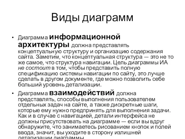 Виды диаграмм Диаграмма информационной архитектуры должна представлять концептуальную структуру и организацию содержания