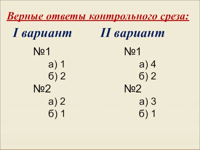 Верные ответы контрольного среза: №1 а) 1 б) 2 №2 а) 2