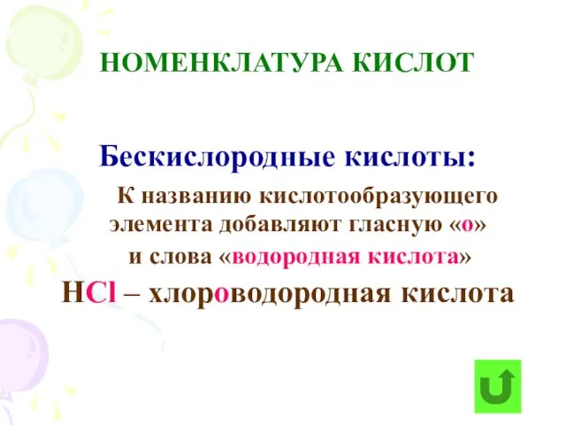 НОМЕНКЛАТУРА КИСЛОТ Бескислородные кислоты: К названию кислотообразующего элемента добавляют гласную «о» и