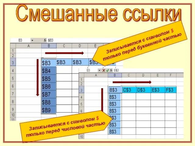 Смешанные ссылки Записывается с символом $ только перед числовой частью Записывается с