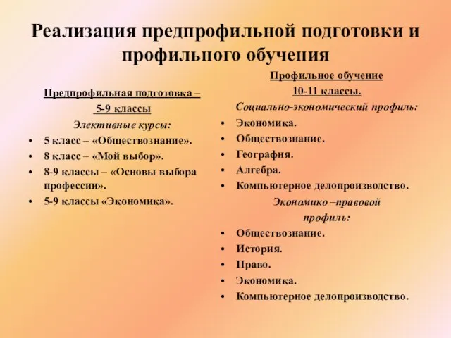 Реализация предпрофильной подготовки и профильного обучения Предпрофильная подготовка – 5-9 классы Элективные