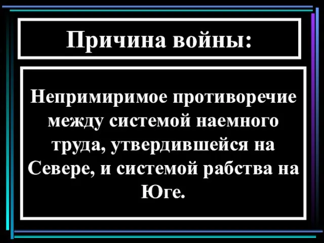 Непримиримое противоречие между системой наемного труда, утвердившейся на Севере, и системой рабства на Юге. Причина войны: