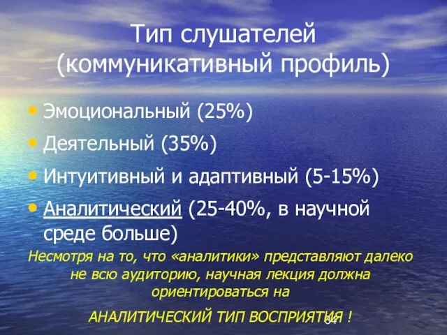 Тип слушателей (коммуникативный профиль) Эмоциональный (25%) Деятельный (35%) Интуитивный и адаптивный (5-15%)