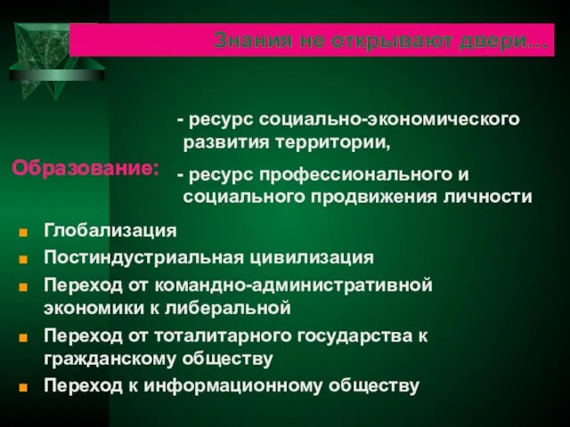 Знания не открывают двери… Глобализация Постиндустриальная цивилизация Переход от командно-административной экономики к