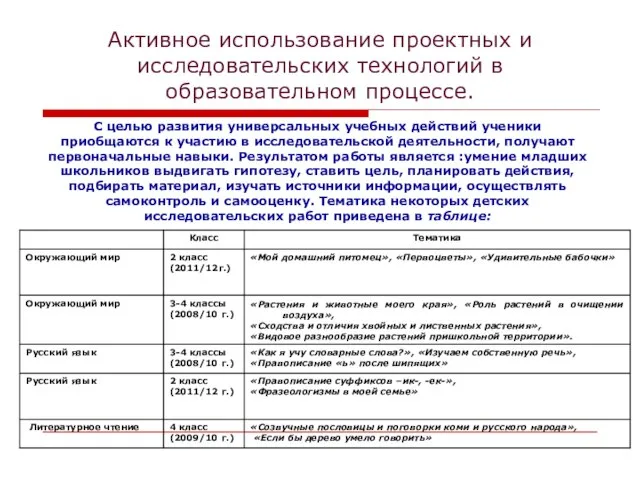 Активное использование проектных и исследовательских технологий в образовательном процессе. С целью развития