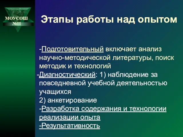 -Подготовительный включает анализ научно-методической литературы, поиск методик и технологий Диагностический: 1) наблюдение