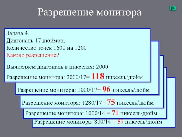 Разрешение монитора Задача 1. Диагональ 14 дюймов, Количество точек 640 на 480.