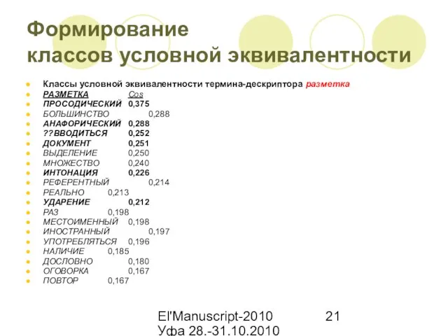 El'Manuscript-2010 Уфа 28.-31.10.2010 Формирование классов условной эквивалентности Классы условной эквивалентности термина-дескриптора разметка