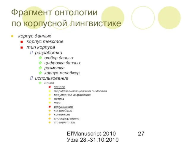 El'Manuscript-2010 Уфа 28.-31.10.2010 Фрагмент онтологии по корпусной лингвистике корпус данных корпус текстов