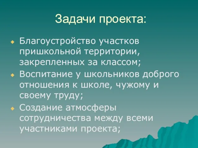 Задачи проекта: Благоустройство участков пришкольной территории, закрепленных за классом; Воспитание у школьников