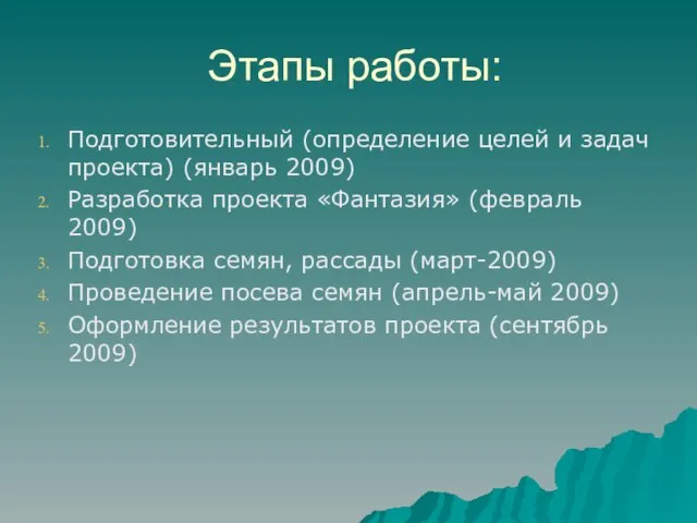 Этапы работы: Подготовительный (определение целей и задач проекта) (январь 2009) Разработка проекта