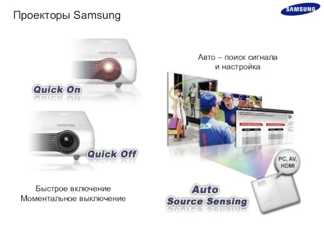Быстрое включение Моментальное выключение Авто – поиск сигнала и настройка Проекторы Samsung