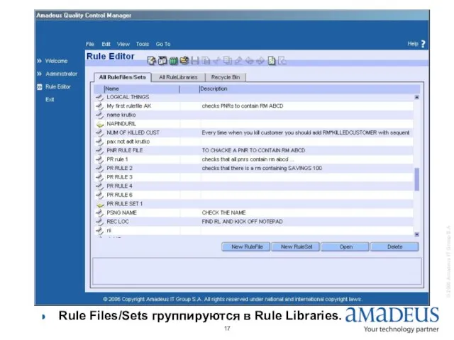 Rule Files/Sets группируются в Rule Libraries.