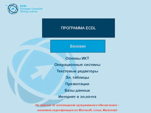 ПРОГРАММА ECDL ПРОГРАММА ECDL Базовая Основы ИКТ Операционные системы Текстовые редакторы Эл.