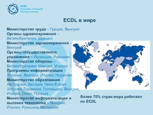 ECDL в мире ECDL в мире Министерство труда – Греция, Венгрия Органы