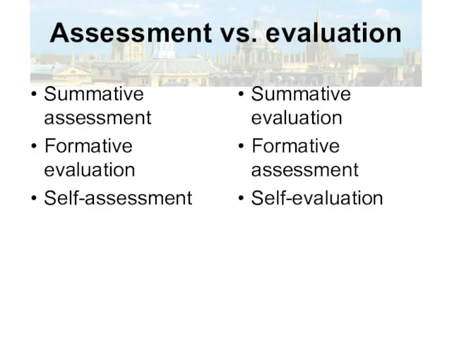 Assessment vs. evaluation Summative assessment Formative evaluation Self-assessment Summative evaluation Formative assessment Self-evaluation