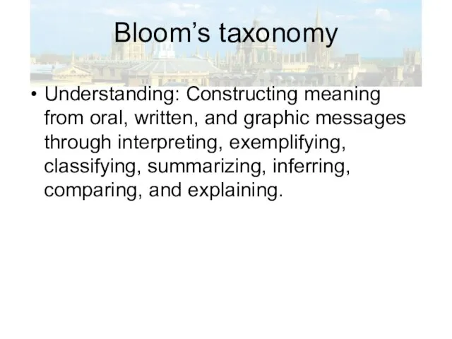 Bloom’s taxonomy Understanding: Constructing meaning from oral, written, and graphic messages through