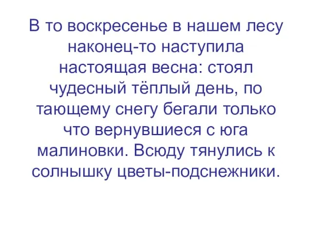 В то воскресенье в нашем лесу наконец-то наступила настоящая весна: стоял чудесный