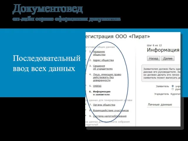 Документовед он-лайн сервис оформления документов Последовательный ввод всех данных