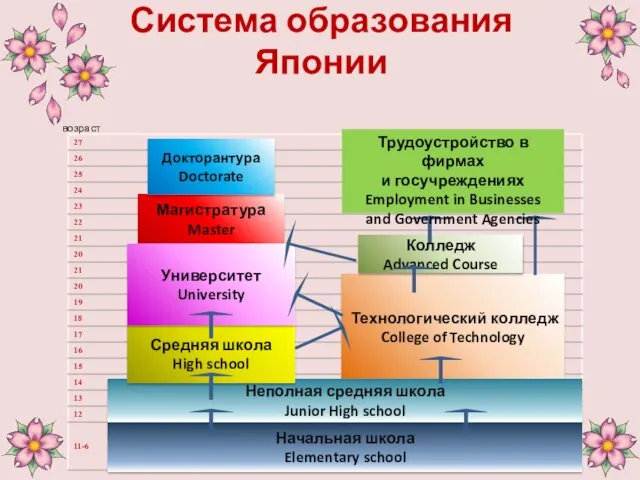 Система образования Японии возраст Технологический колледж College of Technology Колледж Advanced Course