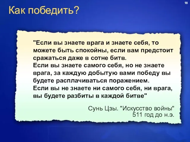 "Если вы знаете врага и знаете себя, то можете быть спокойны, если