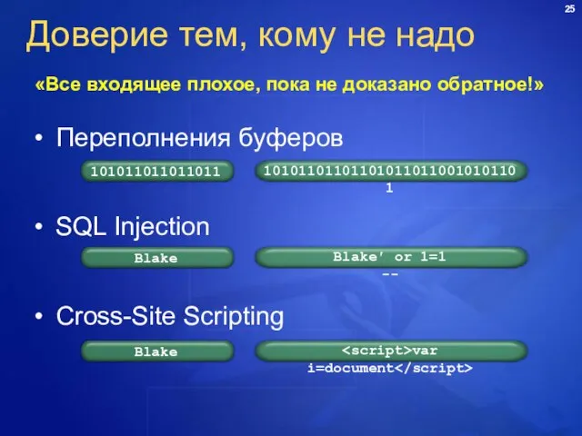 Доверие тем, кому не надо Переполнения буферов SQL Injection Cross-Site Scripting «Все