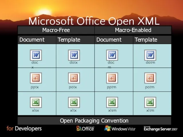 Microsoft Office Open XML docx dotx docm dotm pptx potx pptm potm xlsx xltx xlsm xltm