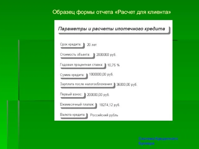 Система Кредитного Брокера Образец формы отчета «Расчет для клиента»