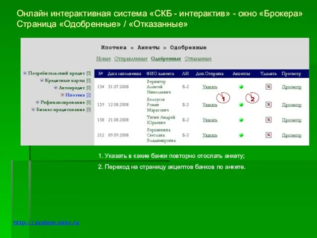 Онлайн интерактивная система «СКБ - интерактив» - окно «Брокера» Страница «Одобренные» /