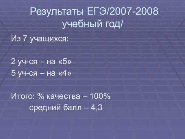 Результаты ЕГЭ/2007-2008 учебный год/ Из 7 учащихся: 2 уч-ся – на «5»