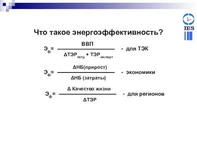 Что такое энергоэффективность? Эф= ΔТЭРпотр + ТЭРэкспорт ВВП - для ТЭК Эф=