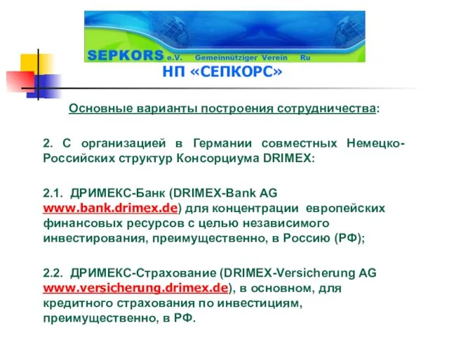 Основные варианты построения сотрудничества: 2. С организацией в Германии совместных Немецко-Российских структур