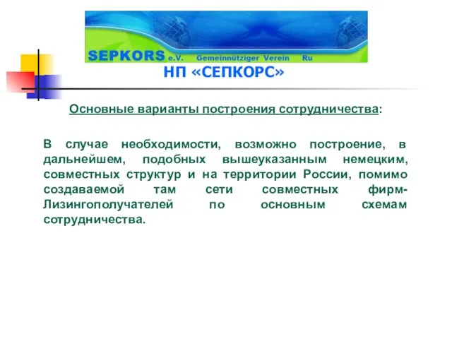 Основные варианты построения сотрудничества: В случае необходимости, возможно построение, в дальнейшем, подобных