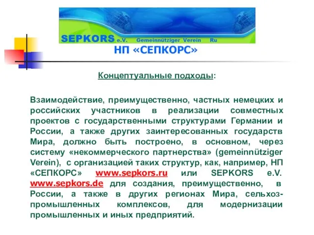 Концептуальные подходы: Взаимодействие, преимущественно, частных немецких и российских участников в реализации совместных