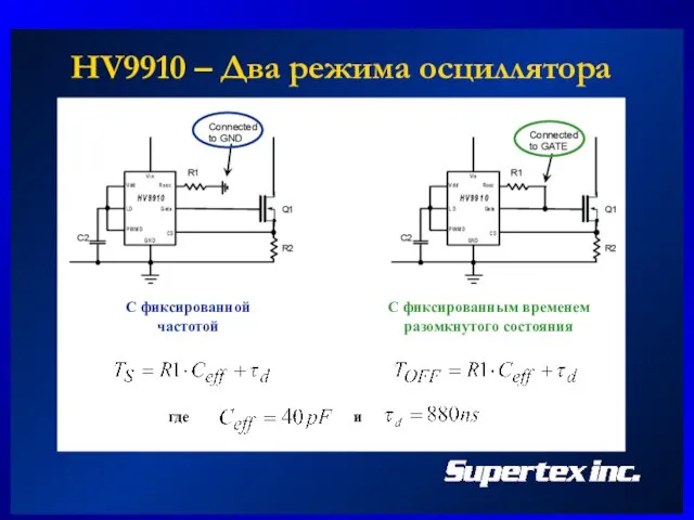 HV9910 – Два режима осциллятора С фиксированной частотой С фиксированным временем разомкнутого состояния где и