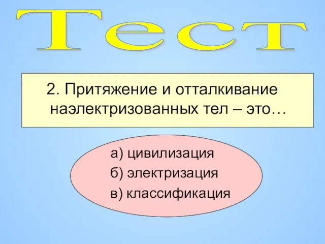 2. Притяжение и отталкивание наэлектризованных тел – это… а) цивилизация б) электризация в) классификация Тест