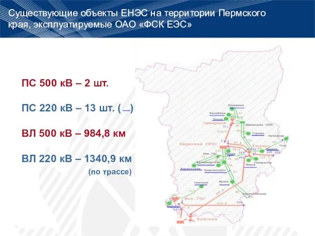 Существующие объекты ЕНЭС на территории Пермского края, эксплуатируемые ОАО «ФСК ЕЭС» ПС