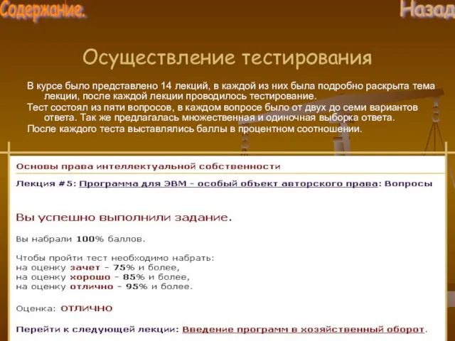 Осуществление тестирования В курсе было представлено 14 лекций, в каждой из них