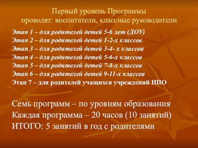 Первый уровень Программы проводят: воспитатели, классные руководители Этап 1 – для родителей