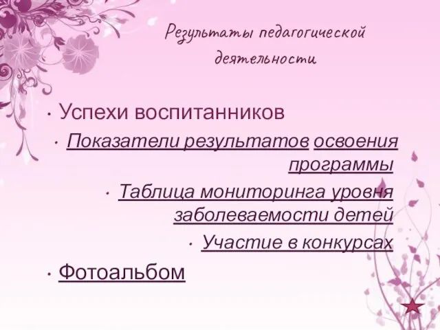 Результаты педагогической деятельности Успехи воспитанников Показатели результатов освоения программы Таблица мониторинга уровня