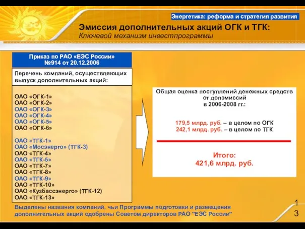 Эмиссия дополнительных акций ОГК и ТГК: Ключевой механизм инвестпрограммы Приказ по РАО