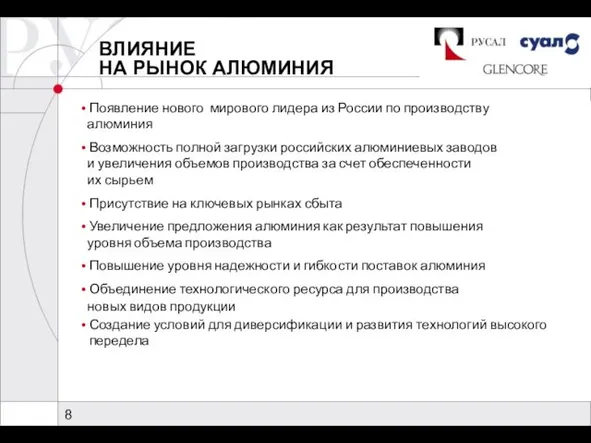 ВЛИЯНИЕ НА РЫНОК АЛЮМИНИЯ Появление нового мирового лидера из России по производству